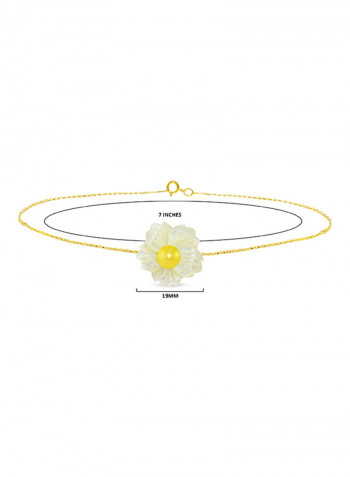 18 Karat Solid Yellow Gold 19 mm Flower Shape Mother Of Pearl With 6-7 mm Pearl Chain Bracelet