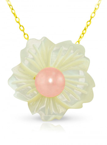 18 Karat Solid Yellow Gold 19 mm Flower Shape Mother Of Pearl With 6-7 mm Pearl Pendant Necklace
