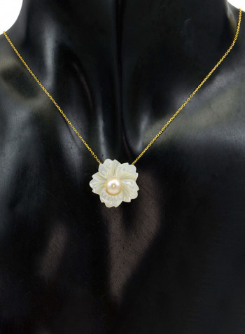 18 Karat Solid Yellow Gold 19 mm Flower Shape Mother Of Pearl With 6-7 mm Pearl Pendant Necklace
