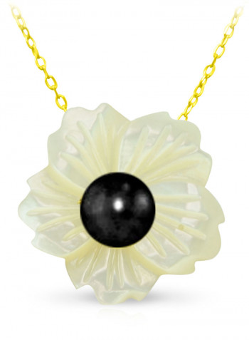 18 Karat Solid Yellow Gold 19 mm Flower Shape Mother Of Pearl With 6-7 mm Pearl Pendant Necklace