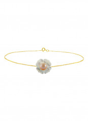18 Karat Solid Yellow Gold 13 mm Mother Of Pearl Flower Shape With 4 mm Pearl Chain Bracelet