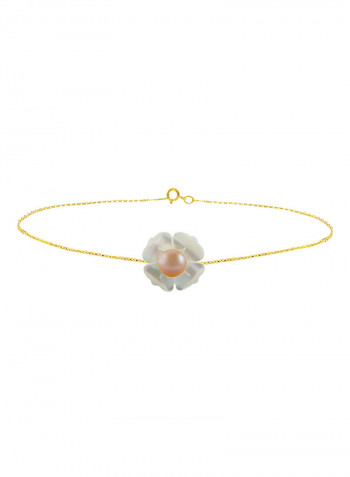 18 Karat Solid Yellow Gold 13 mm Mother Of Pearl Flower Shape With 4 mm Pearl Chain Bracelet