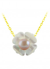 18 Karat Solid Yellow Gold 13 mm Mother Of Pearl Flower Shape With 4 mm Pearl Pendant Necklace