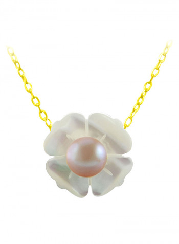 18 Karat Solid Yellow Gold 13 mm Mother Of Pearl Flower Shape With 4 mm Pearl Pendant Necklace