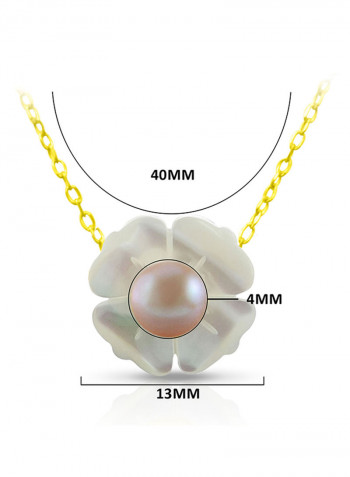 18 Karat Solid Yellow Gold 13 mm Mother Of Pearl Flower Shape With 4 mm Pearl Pendant Necklace