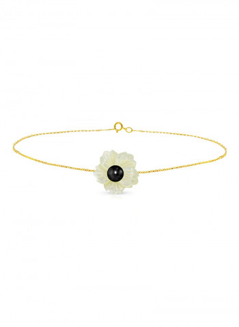 18 Karat Solid Yellow Gold 19 mm Flower Shape Mother Of Pearl With 6-7 mm Pearl Chain Bracelet