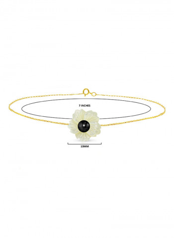 18 Karat Solid Yellow Gold 19 mm Flower Shape Mother Of Pearl With 6-7 mm Pearl Chain Bracelet