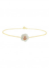 18 Karat Solid Yellow Gold Mother Of Pearl Shell With 4 mm Pearl Chain Bracelet