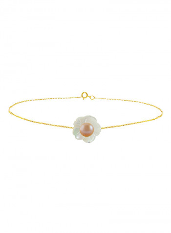 18 Karat Solid Yellow Gold Mother Of Pearl Shell With 4 mm Pearl Chain Bracelet