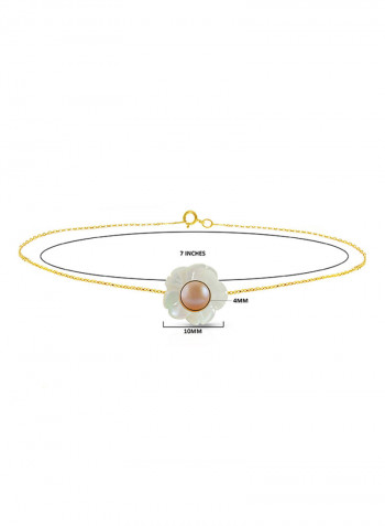 18 Karat Solid Yellow Gold Mother Of Pearl Shell With 4 mm Pearl Chain Bracelet