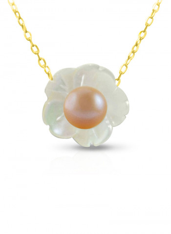 18 Karat Solid Yellow Gold Mother Of Pearl Shell With 4 mm Pearl Pendant Necklace