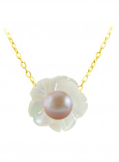 18 Karat Solid Yellow Gold Mother Of Pearl Shell With 4 mm Pearl Pendant Necklace