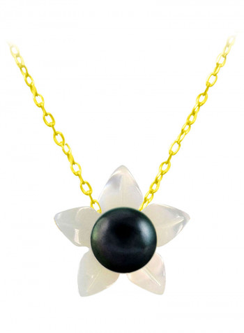 18 Karat Solid Yellow Gold 10 mm Mother Of Pearl Flower Shape With 4 mm Pearl Pendant Necklace