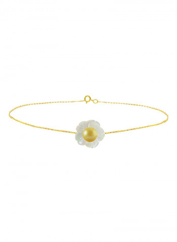 18 Karat Solid Yellow Gold Mother Of Pearl Shell With 4 mm Pearl Chain Bracelet