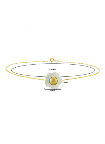 18 Karat Solid Yellow Gold Mother Of Pearl Shell With 4 mm Pearl Chain Bracelet