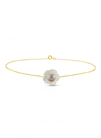18 Karat Solid Yellow Gold Mother Of Pearl Shell With 4 mm Pearl Chain Bracelet