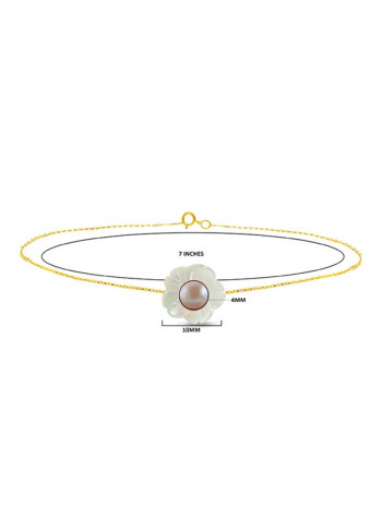 18 Karat Solid Yellow Gold Mother Of Pearl Shell With 4 mm Pearl Chain Bracelet