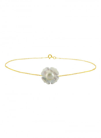 18 Karat Solid Yellow Gold 13 mm Mother Of Pearl Flower Shape With 4 mm Pearl Chain Bracelet