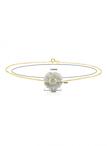 18 Karat Solid Yellow Gold 13 mm Mother Of Pearl Flower Shape With 4 mm Pearl Chain Bracelet