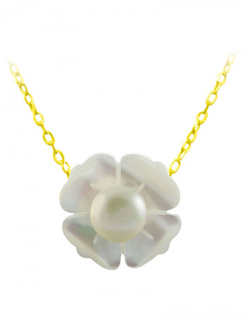 18 Karat Solid Yellow Gold 13 mm Mother Of Pearl Flower Shape With 4 mm Pearl Pendant Necklace