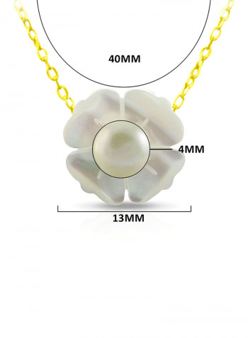 18 Karat Solid Yellow Gold 13 mm Mother Of Pearl Flower Shape With 4 mm Pearl Pendant Necklace