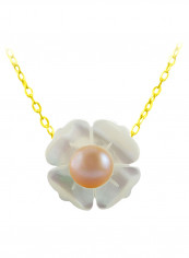18 Karat Solid Yellow Gold 13 mm Mother Of Pearl Flower Shape With 4 mm Pearl Pendant Necklace