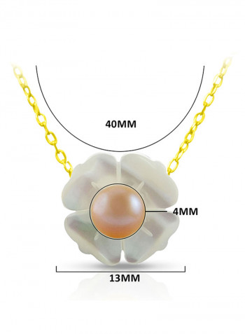 18 Karat Solid Yellow Gold 13 mm Mother Of Pearl Flower Shape With 4 mm Pearl Pendant Necklace
