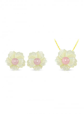 2-Piece18 Karat Solid Yellow Gold 19 mm Flower Shape Mother Of Pearl With 6-7 mm Pearl Jewellery