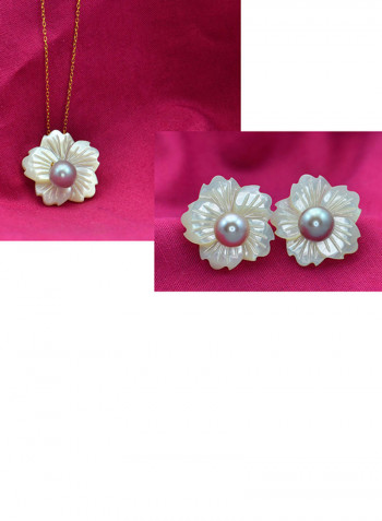 2-Piece18 Karat Solid Yellow Gold 19 mm Flower Shape Mother Of Pearl With 6-7 mm Pearl Jewellery
