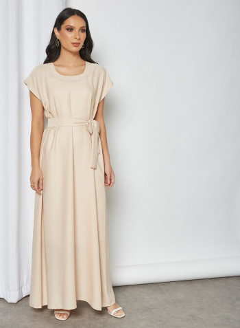 Stylish Belted Maxi Dress Beige