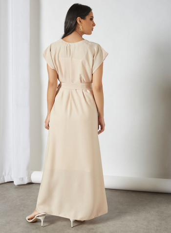 Stylish Belted Maxi Dress Beige