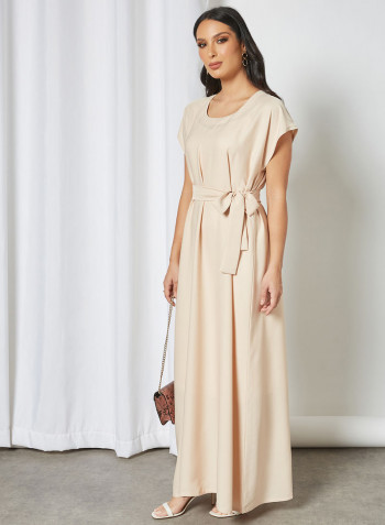 Stylish Belted Maxi Dress Beige