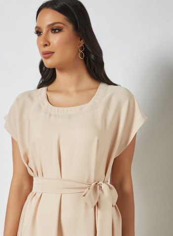 Stylish Belted Maxi Dress Beige