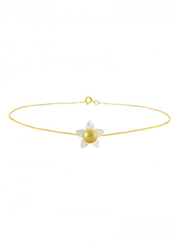 18 Karat Solid Yellow Gold 10 mm Mother Of Pearl Flower Shape With 4 mm Pearl Chain Bracelet