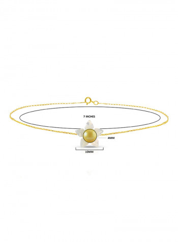 18 Karat Solid Yellow Gold 10 mm Mother Of Pearl Flower Shape With 4 mm Pearl Chain Bracelet