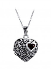 925 Sterling Silver Marcasite Studded Garnet Vintage Style Pendant Necklace