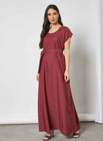 Stylish Belted Maxi Dress Red