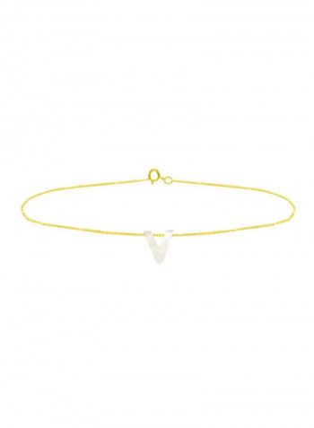 18 Karat Gold V Letter Mother Of Pearl Studded Chain Bracelet