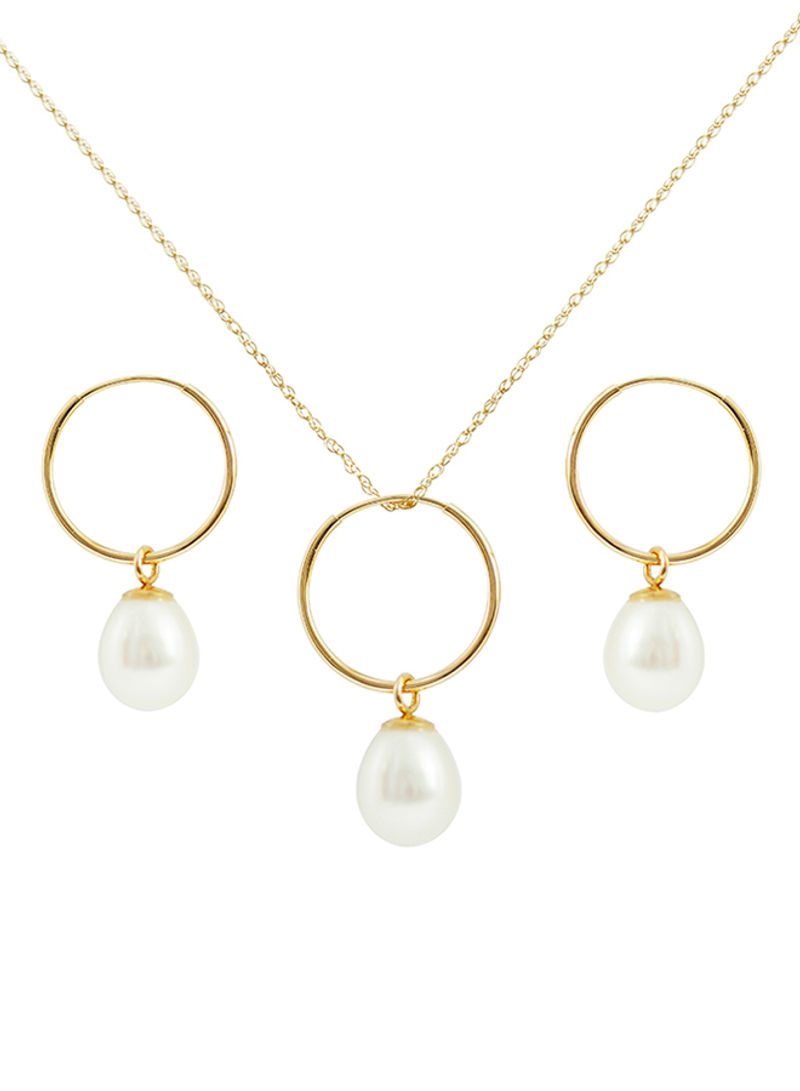 14K Solid Gold Clasic Hanging Freshwater Pearl Jewlery Set