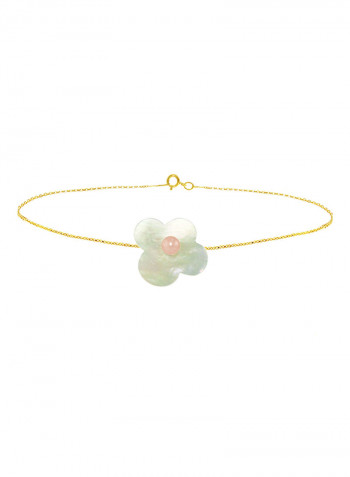 18 Karat Solid Yellow Gold Mother Of Pearl With 7 mm Flower Shape Pearl Chain Bracelet