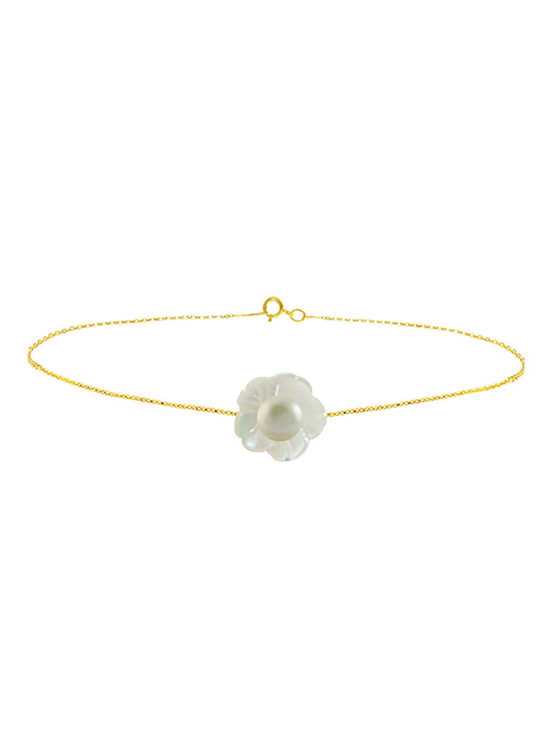 18 Karat Solid Yellow Gold Mother Of Pearl Shell With 4 mm Pearl Chain Bracelet