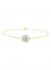 18 Karat Solid Yellow Gold Mother Of Pearl Shell With 4 mm Pearl Chain Bracelet