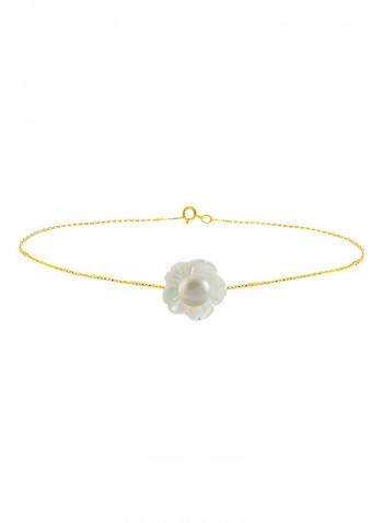 18 Karat Solid Yellow Gold Mother Of Pearl Shell With 4 mm Pearl Chain Bracelet