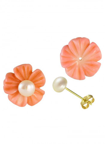18 Karat Yellow Gold Coral Flower Shape Pearl Earrings