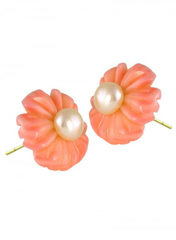 18 Karat Yellow Gold Coral Flower Shape Pearl Earrings