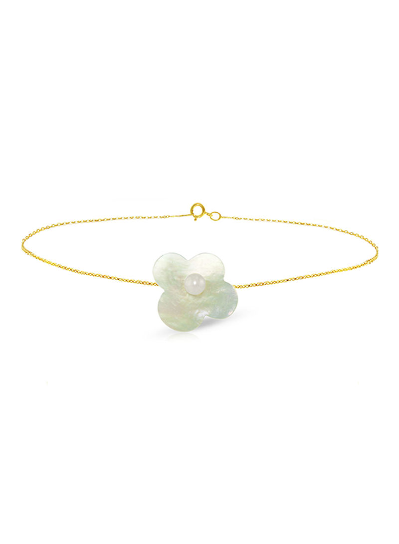 18 Karat Solid Yellow Gold Mother Of Pearl With 7 mm Flower Shape Pearl Chain Bracelet
