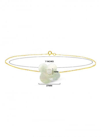 18 Karat Solid Yellow Gold Mother Of Pearl With 7 mm Flower Shape Pearl Chain Bracelet