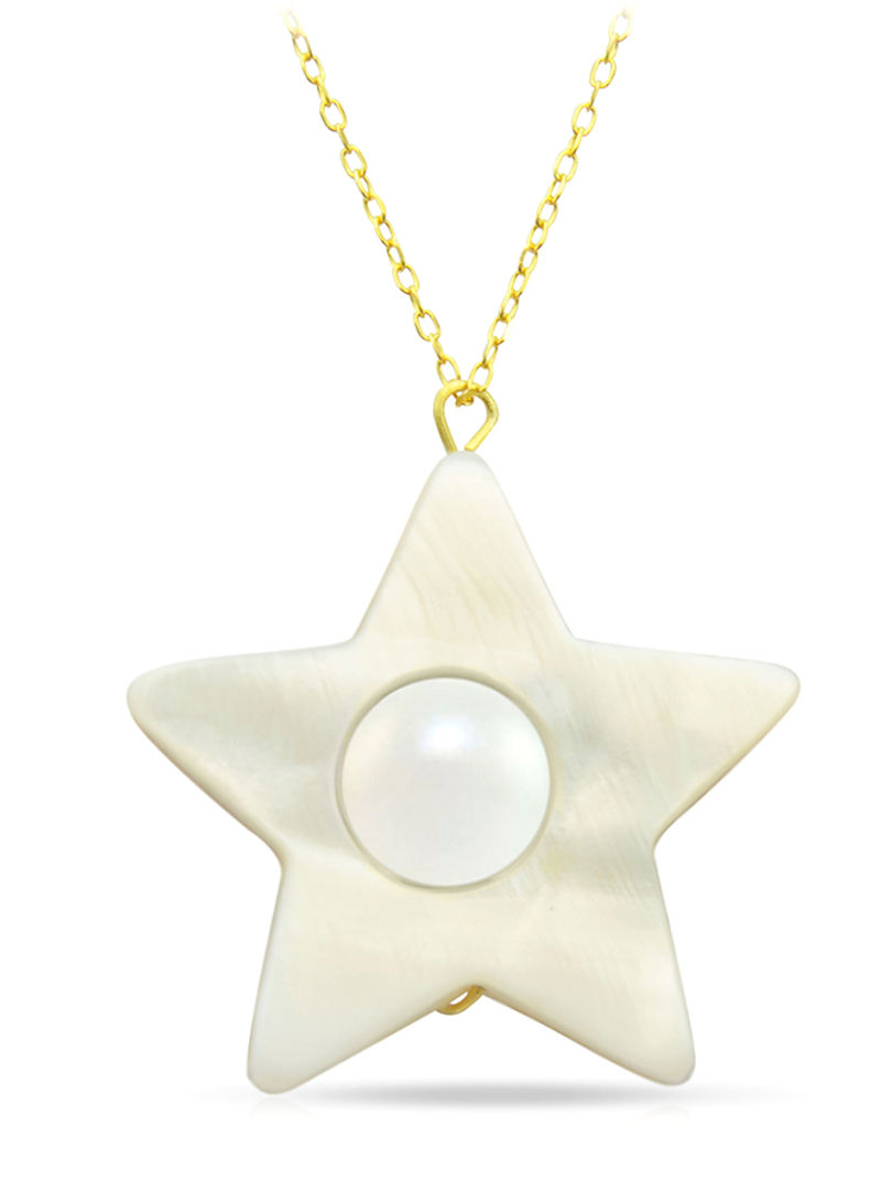 18 Karat Solid Yellow Gold Mother Of Pearl With 6-7 mm Star Shape Pendant Necklace