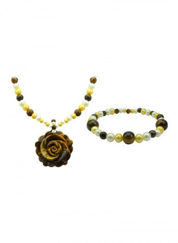 10 Karat Solid Yellow Gold With 5-10 mm Pearls Pendant Necklace And Elastic Bracelet