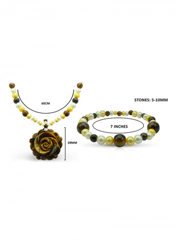 10 Karat Solid Yellow Gold With 5-10 mm Pearls Pendant Necklace And Elastic Bracelet